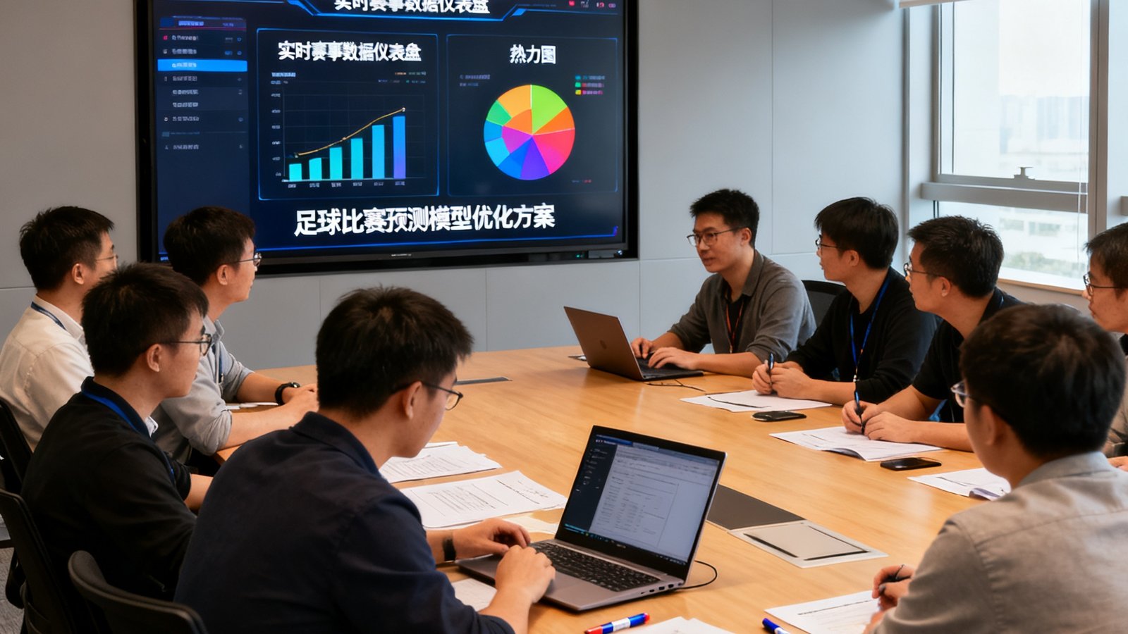 十余名数据分析师围坐在深圳总部会议室的长桌旁，大屏幕上显示着实时赛事数据仪表盘和热力图，团队成员正专注地讨论足球比赛预测模型的优化方案。