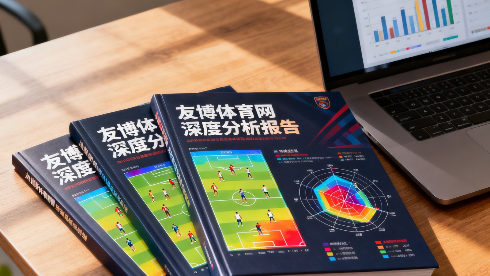 办公桌上摆放着三份精装版的友博体育网深度分析报告，封面印有球队战术热力图和球员雷达图，旁边是一台显示着数据仪表盘的笔记本电脑屏幕。